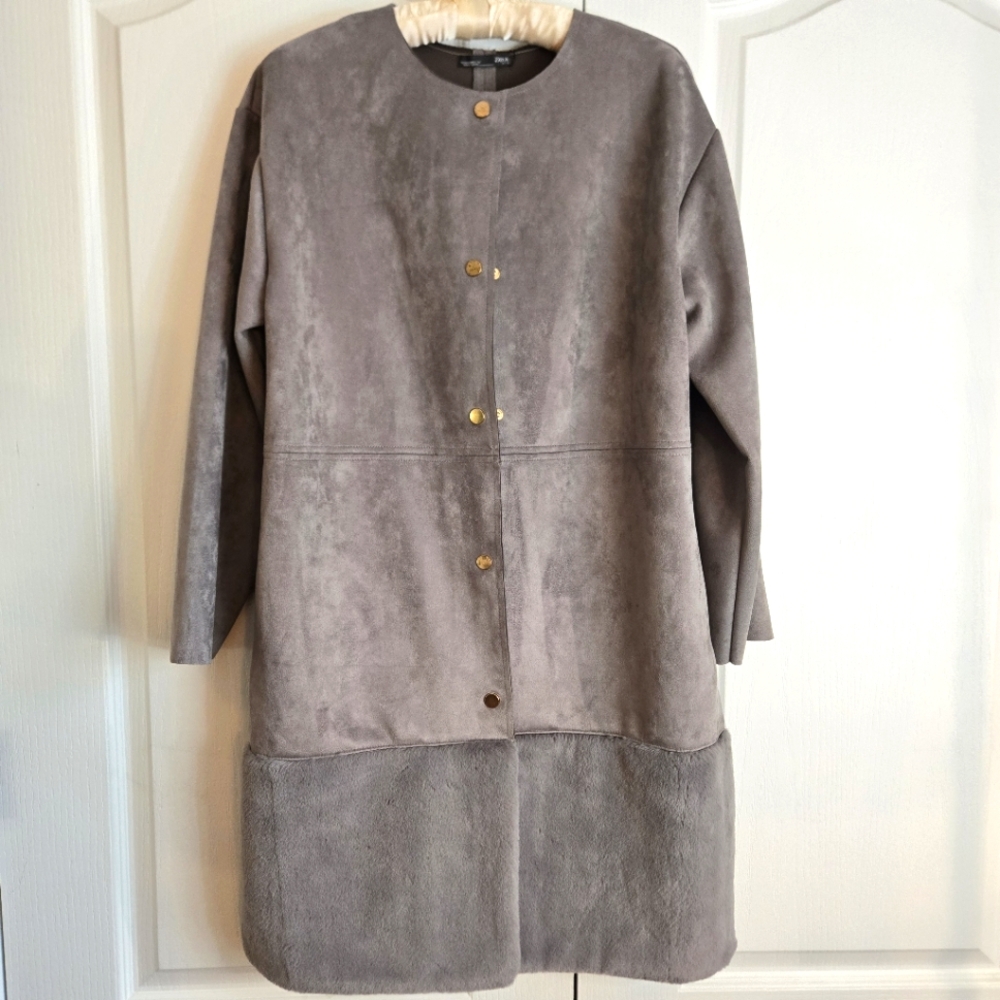 ZARA Gray Women's M Dress Coat Casual Faux Fur Knee-length Modern Contemporary